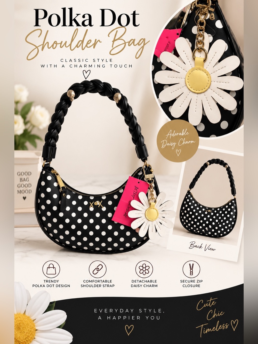 NWT BETSY JOHNSON Polka Dot Shoulder Bag with Daisy Charm